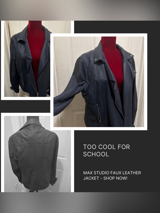 Max Studio Jackets & Blazers - Max Studio Navy Faux-Leather Moto Jacket